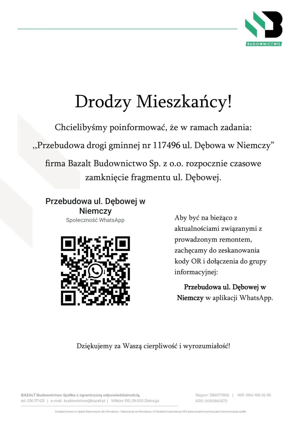 Przebudowa ul. Dębowej w Niemczy – dołącz do grupy informacyjnej